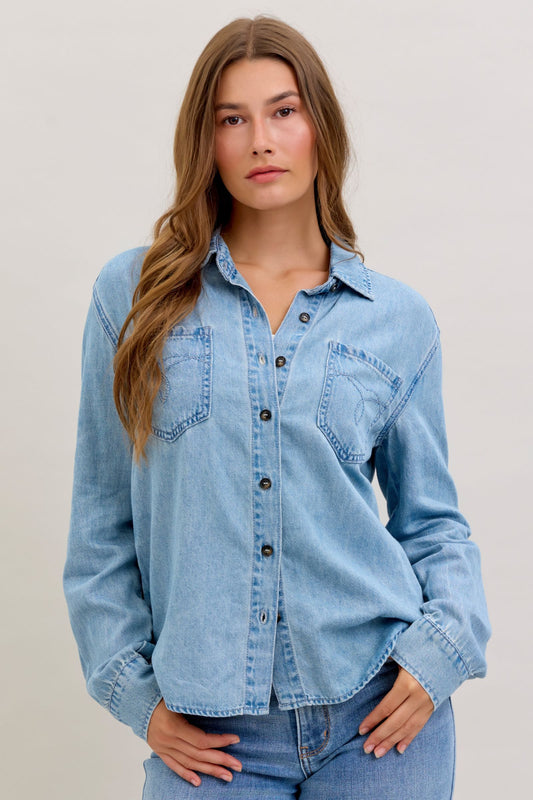 JUDY BLUE DENIM LONG SLEEVE BUTTON UP TOP