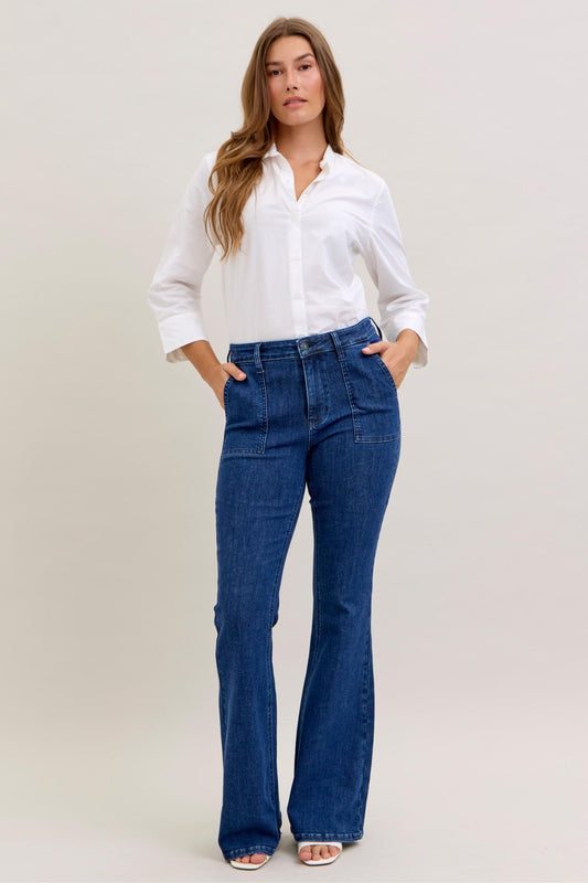 JUDY BLUE HIGH WAIST FLARE WITH PATCH POCKETS - DARK STONE