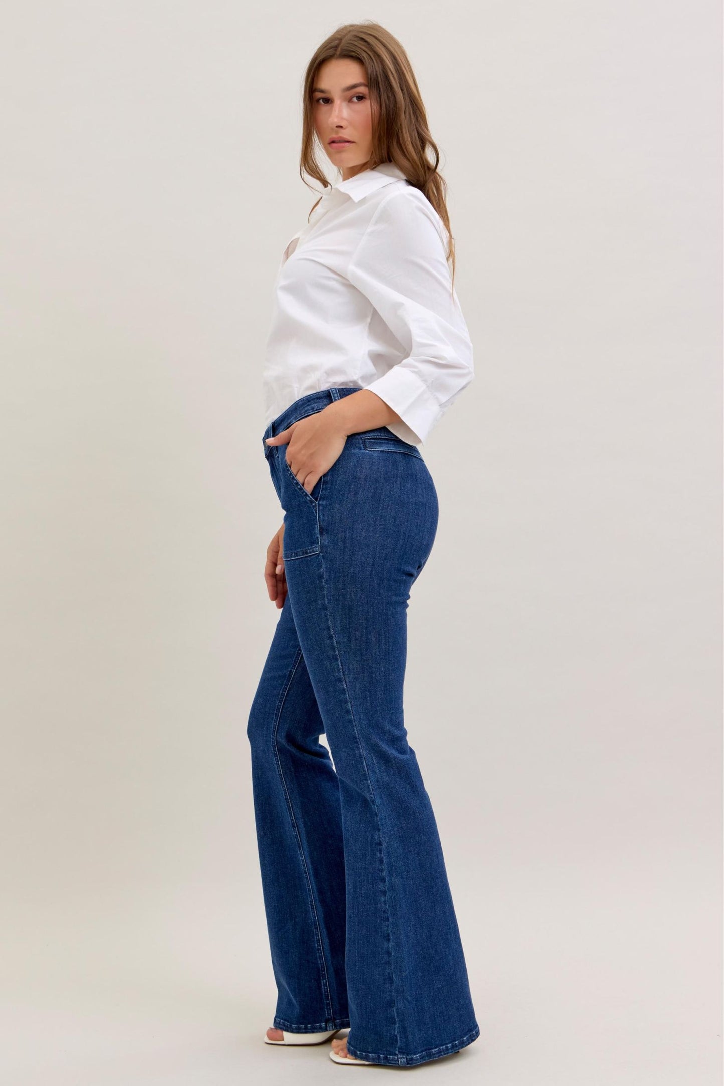 JUDY BLUE HIGH WAIST FLARE WITH PATCH POCKETS - DARK STONE