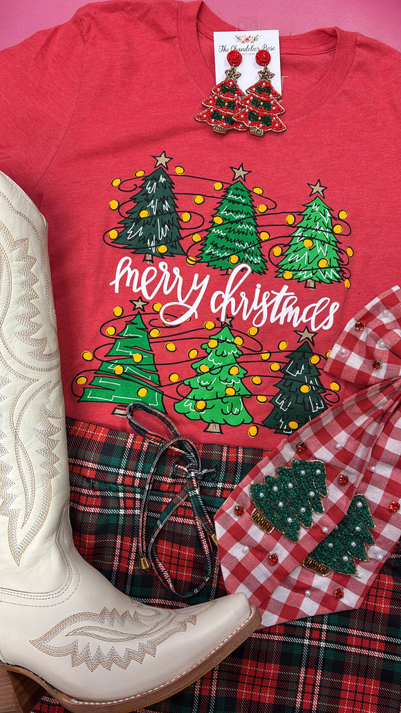 MERRY CHRISTMAS TREES TEE - HEATHER RED