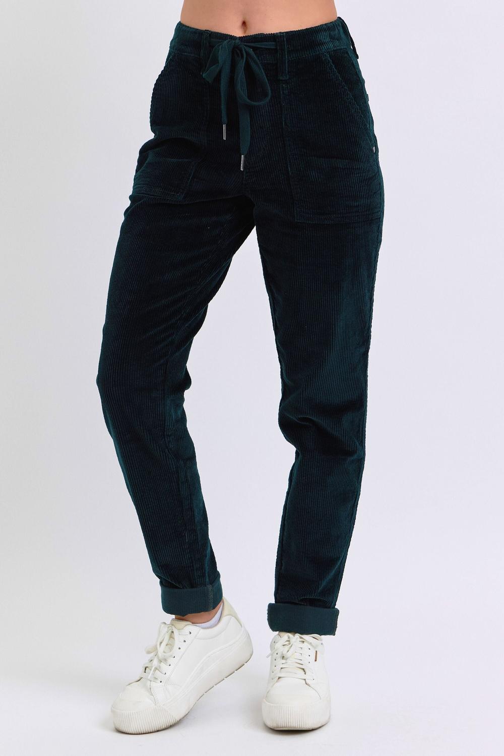 JUDY BLUE HIGH WAIST CORDUROY CUFFED JOGGER - EMERALD