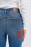 JUDY BLUE HIGH WAIST PLAID PATCH SLIM JEAN -  MEDIUM STONE