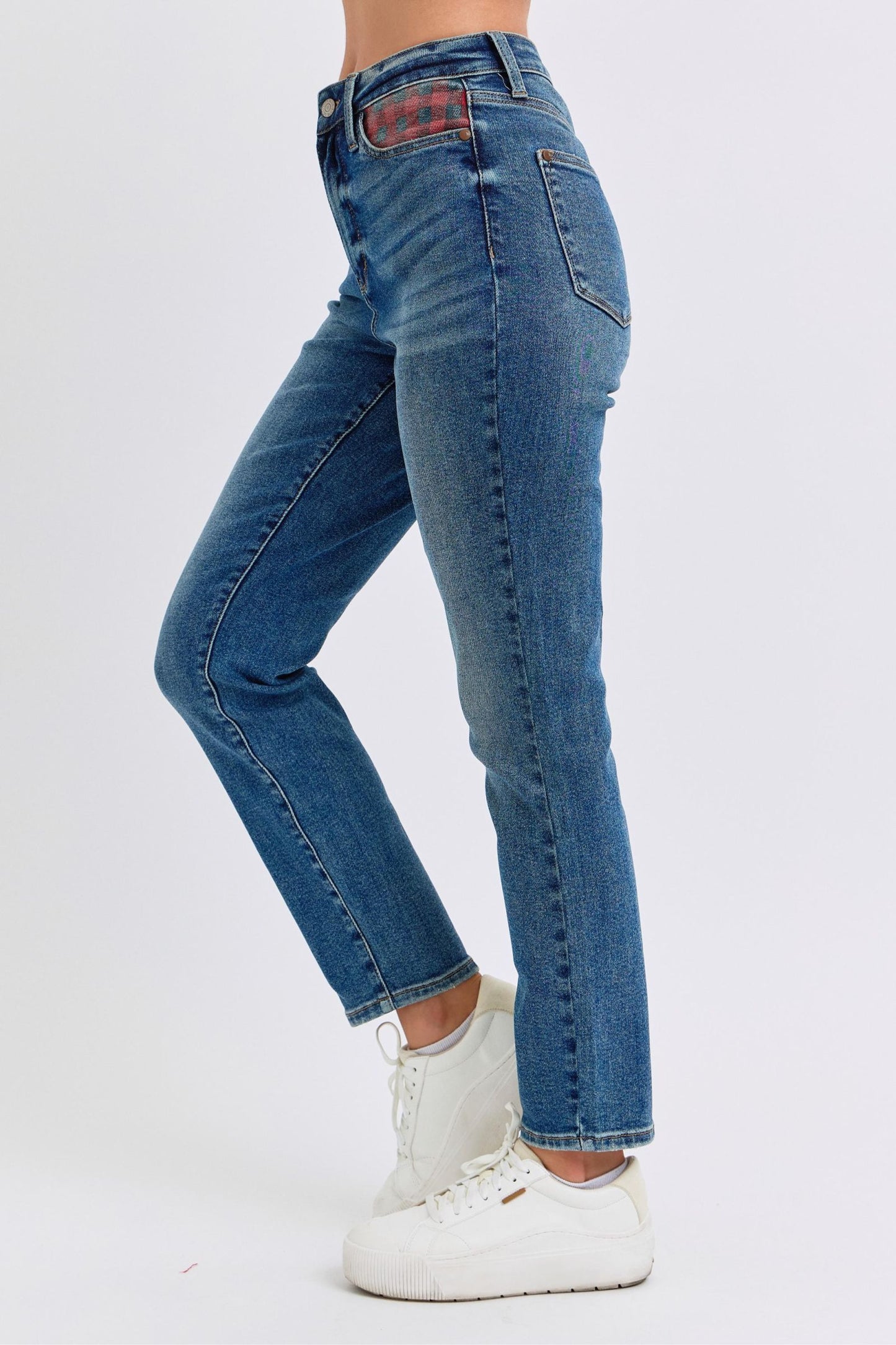 JUDY BLUE HIGH WAIST PLAID PATCH SLIM JEAN -  MEDIUM STONE