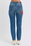JUDY BLUE HIGH WAIST PLAID PATCH SLIM JEAN -  MEDIUM STONE