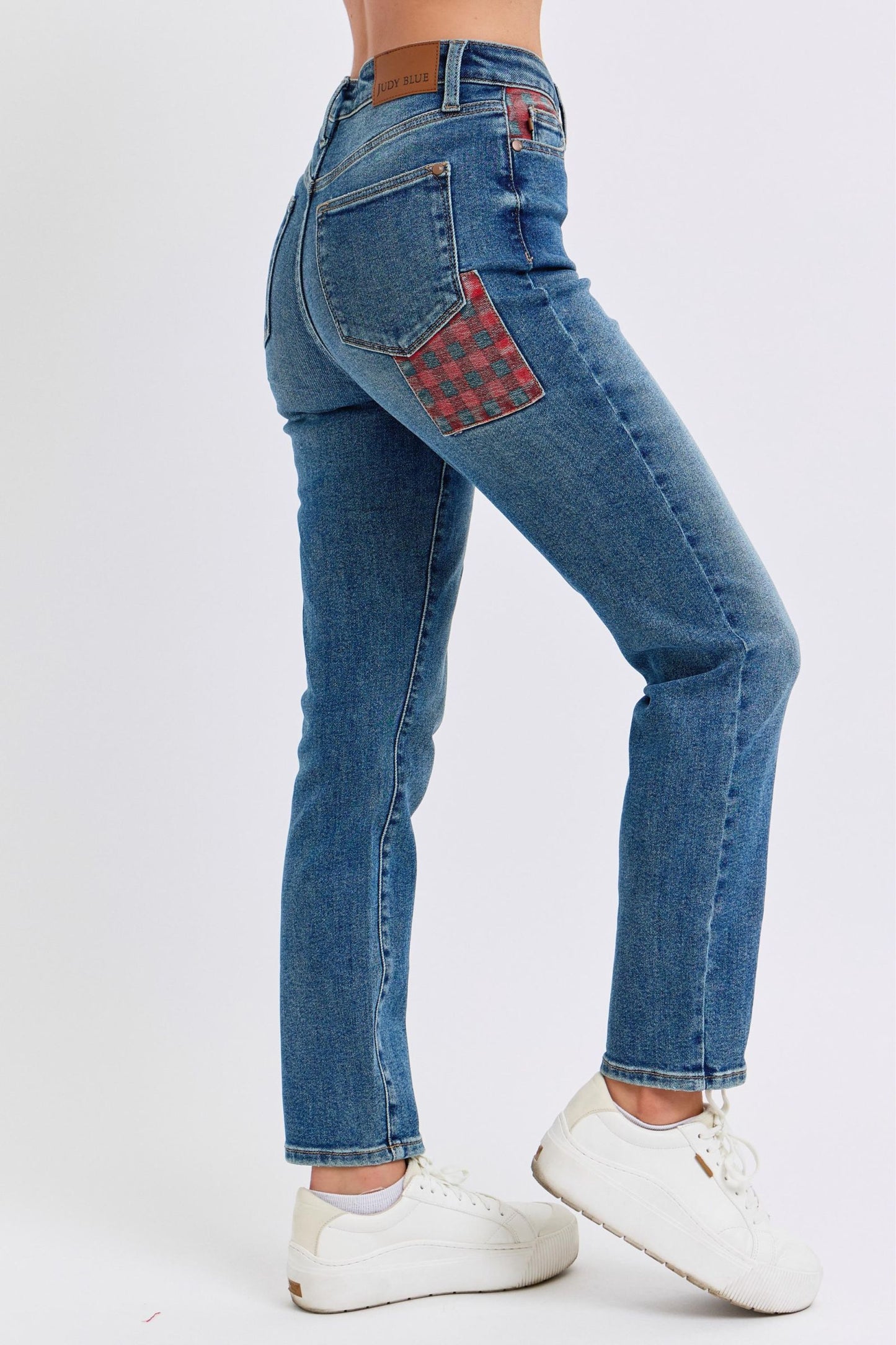 JUDY BLUE HIGH WAIST PLAID PATCH SLIM JEAN -  MEDIUM STONE