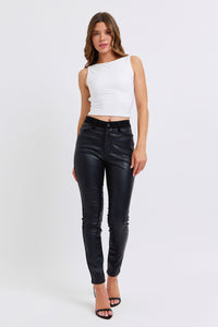 JUDY BLUE HIGH WAIST FAUX LEATHER & DENIM SKINNY JEAN - BLACK