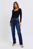JUDY BLUE MID RISE STRAIGHT LEG WITH FREY HEM JEANS - DARK STONE