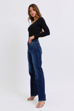 JUDY BLUE MID RISE STRAIGHT LEG WITH FREY HEM JEANS - DARK STONE