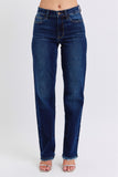 JUDY BLUE MID RISE STRAIGHT LEG WITH FREY HEM JEANS - DARK STONE