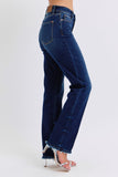 JUDY BLUE MID RISE STRAIGHT LEG WITH FREY HEM JEANS - DARK STONE