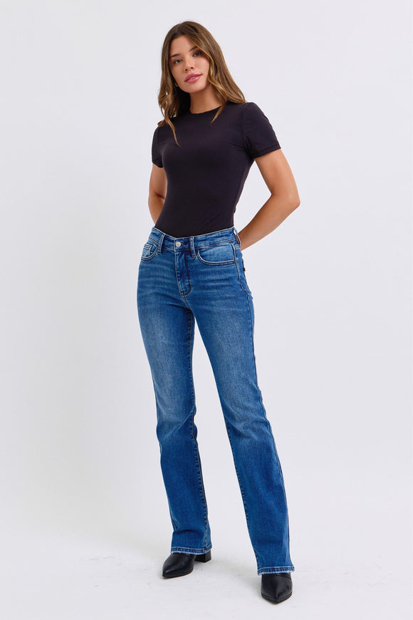 JUDY BLUE MID RISE THERMAL BOOTCUT JEANS - DARK STONE