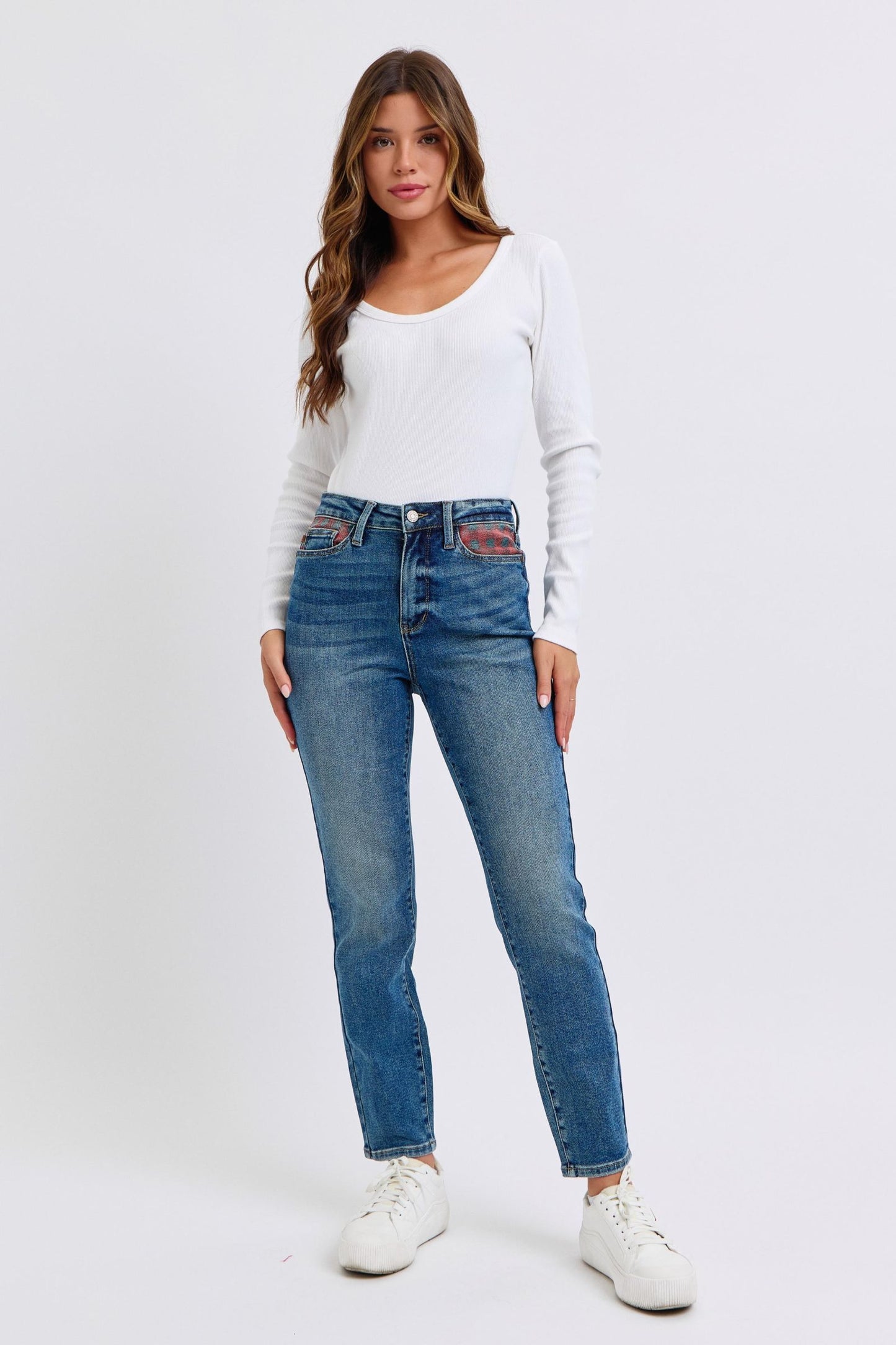 JUDY BLUE HIGH WAIST PLAID PATCH SLIM JEAN -  MEDIUM STONE