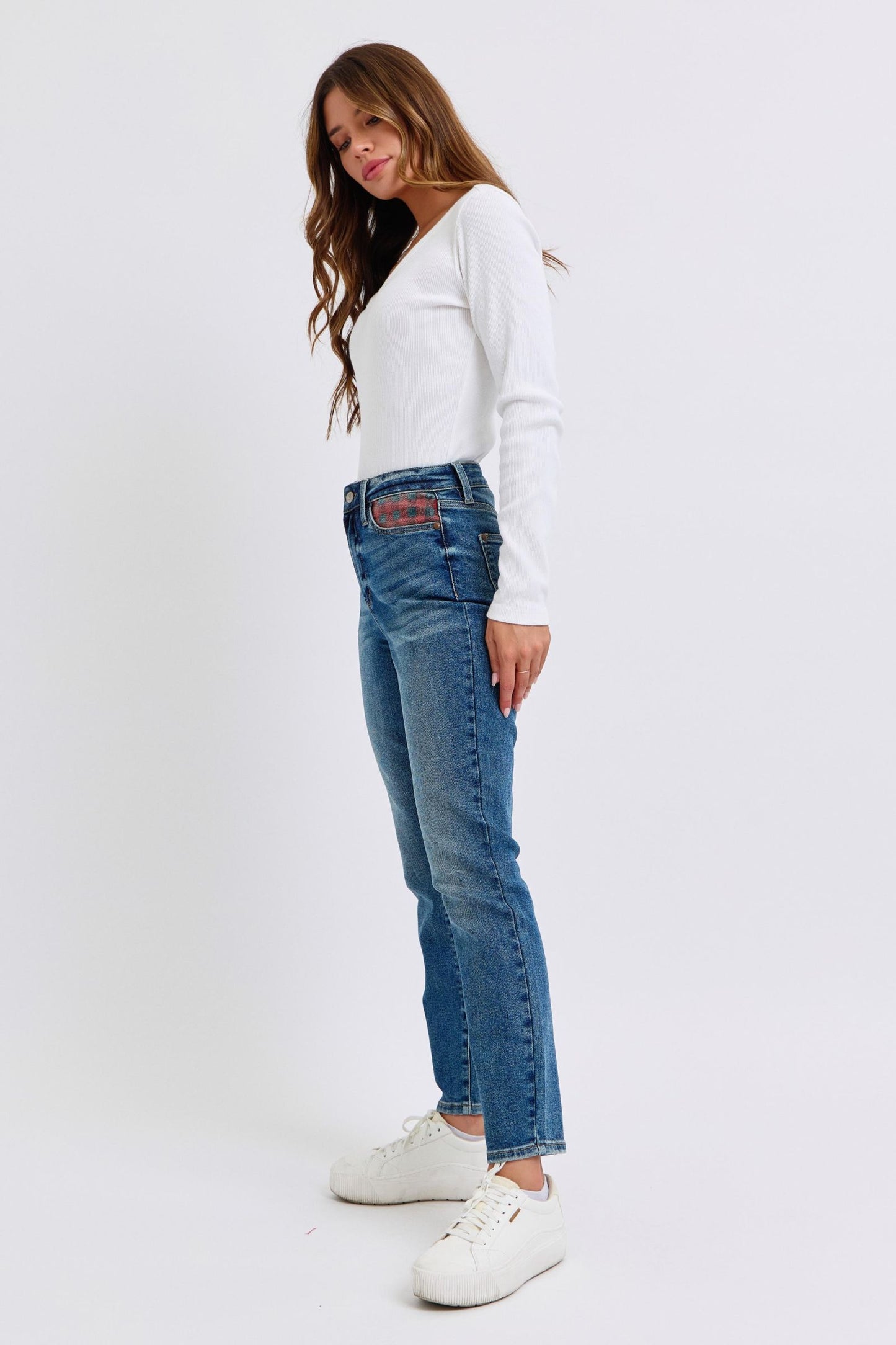 JUDY BLUE HIGH WAIST PLAID PATCH SLIM JEAN -  MEDIUM STONE