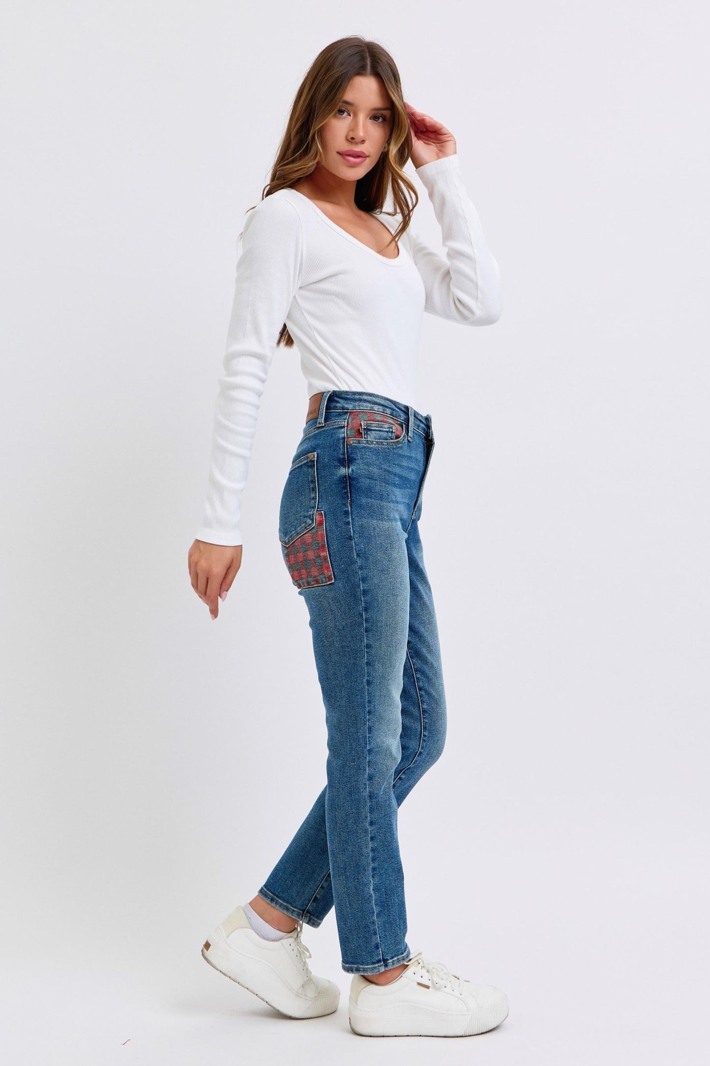 JUDY BLUE HIGH WAIST PLAID PATCH SLIM JEAN -  MEDIUM STONE