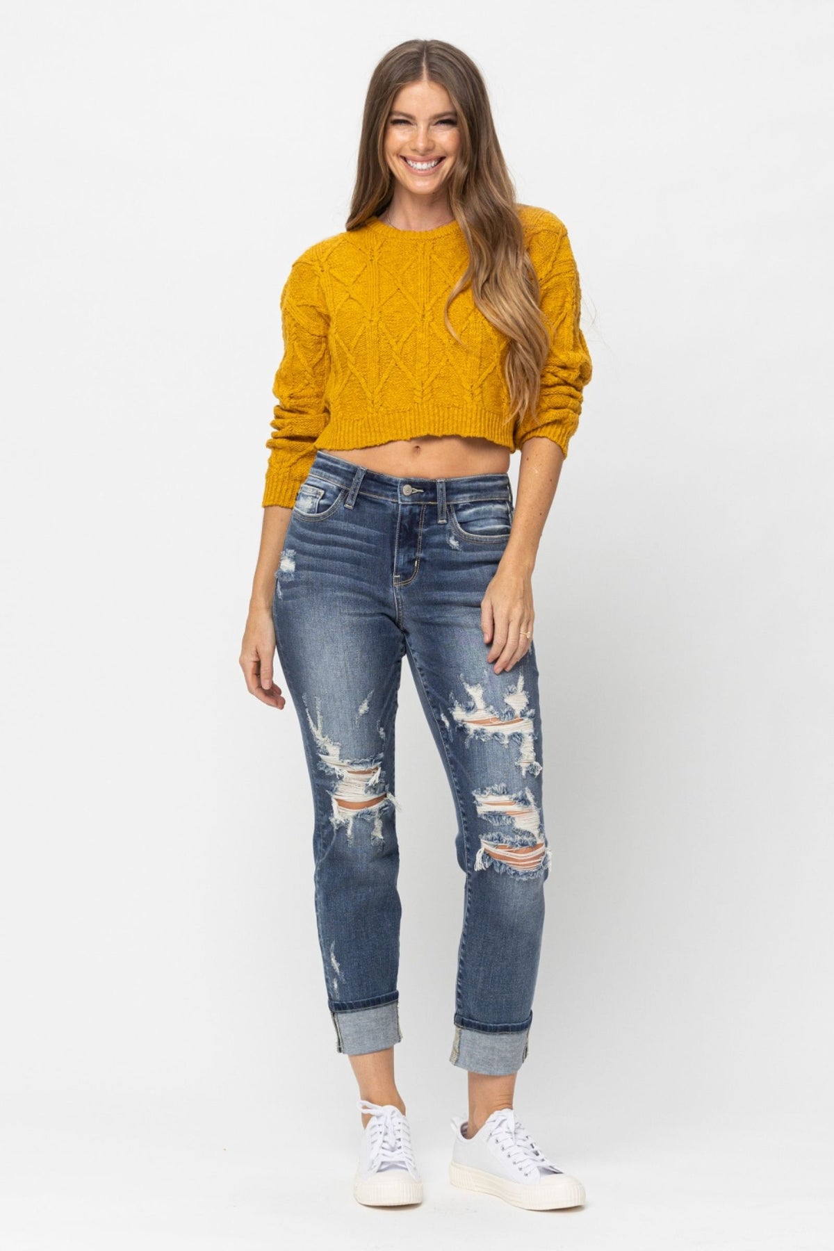JUDY BLUE MID RISE CUFFED DESTROYED BOYFRIEND JEANS - MEDIUM STONE