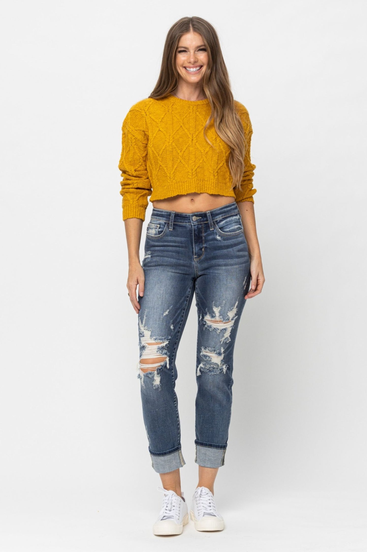 JUDY BLUE MID RISE CUFFED DESTROYED BOYFRIEND JEANS - MEDIUM STONE