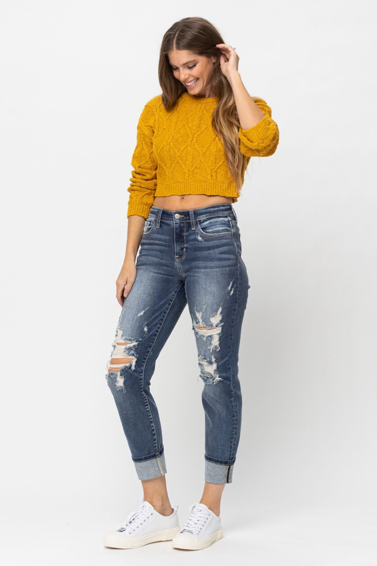 JUDY BLUE MID RISE CUFFED DESTROYED BOYFRIEND JEANS - MEDIUM STONE