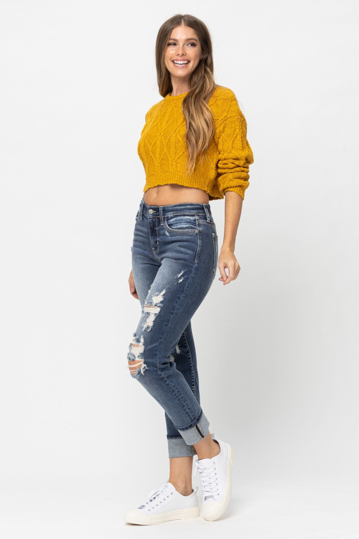 JUDY BLUE MID RISE CUFFED DESTROYED BOYFRIEND JEANS - MEDIUM STONE