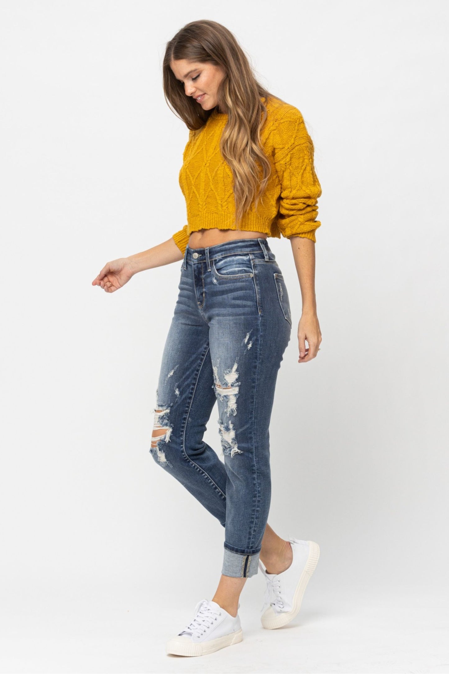 JUDY BLUE MID RISE CUFFED DESTROYED BOYFRIEND JEANS - MEDIUM STONE