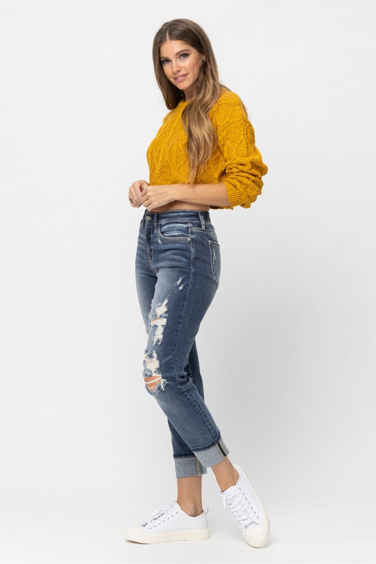 JUDY BLUE MID RISE CUFFED DESTROYED BOYFRIEND JEANS - MEDIUM STONE