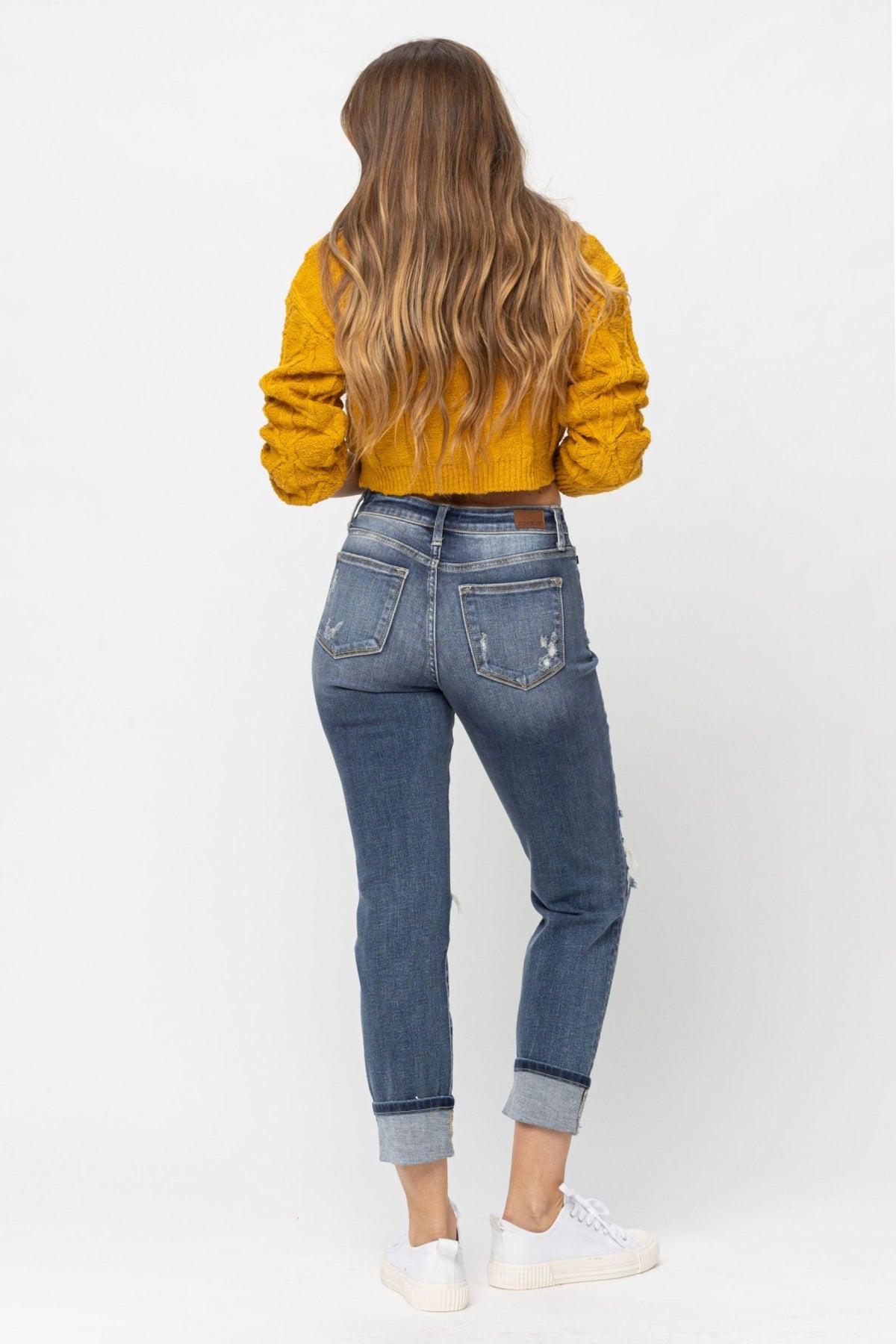 JUDY BLUE MID RISE CUFFED DESTROYED BOYFRIEND JEANS - MEDIUM STONE