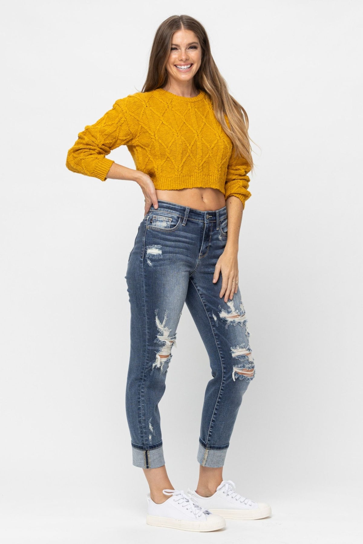 JUDY BLUE MID RISE CUFFED DESTROYED BOYFRIEND JEANS - MEDIUM STONE