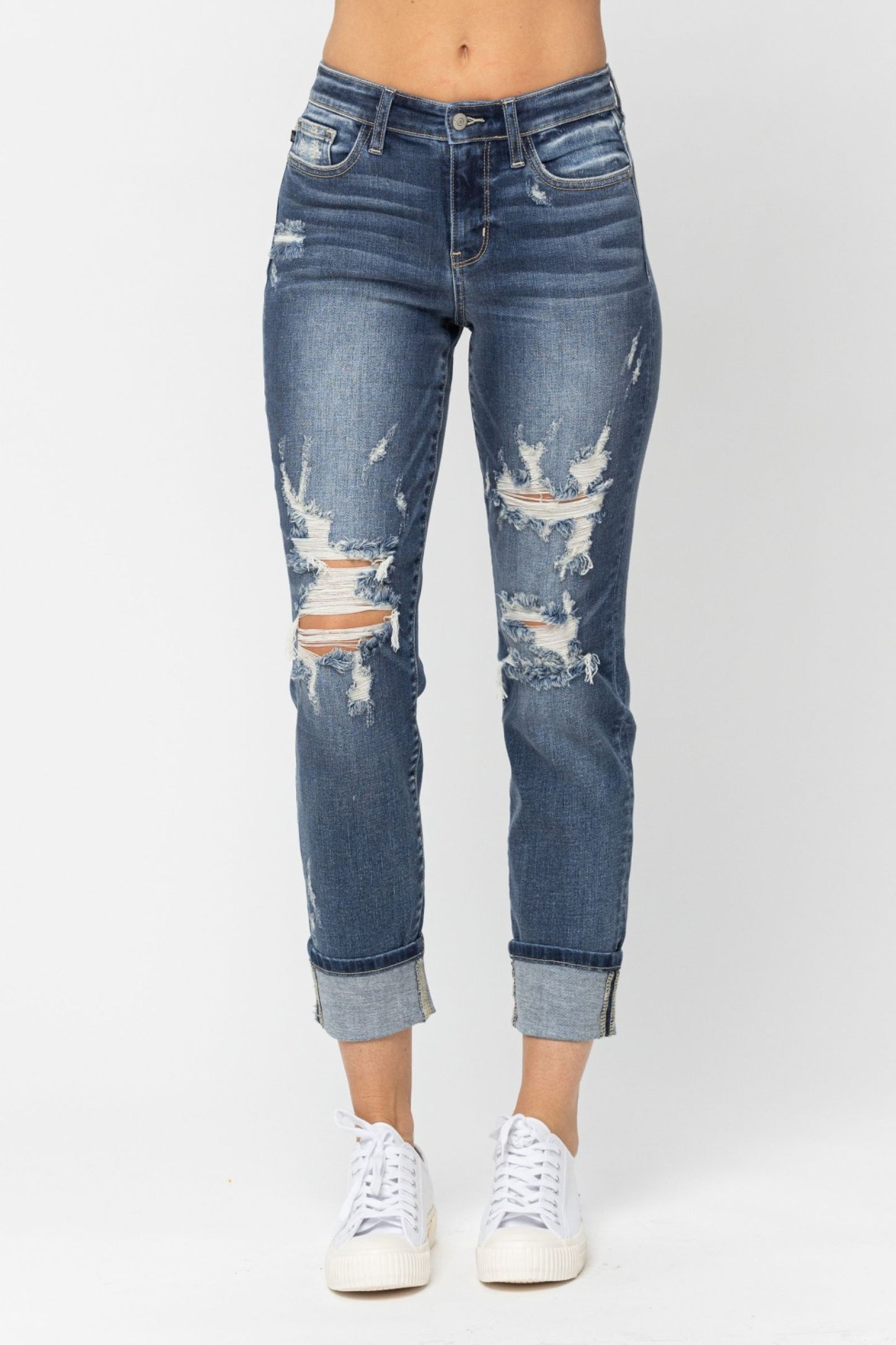 JUDY BLUE MID RISE CUFFED DESTROYED BOYFRIEND JEANS - MEDIUM STONE