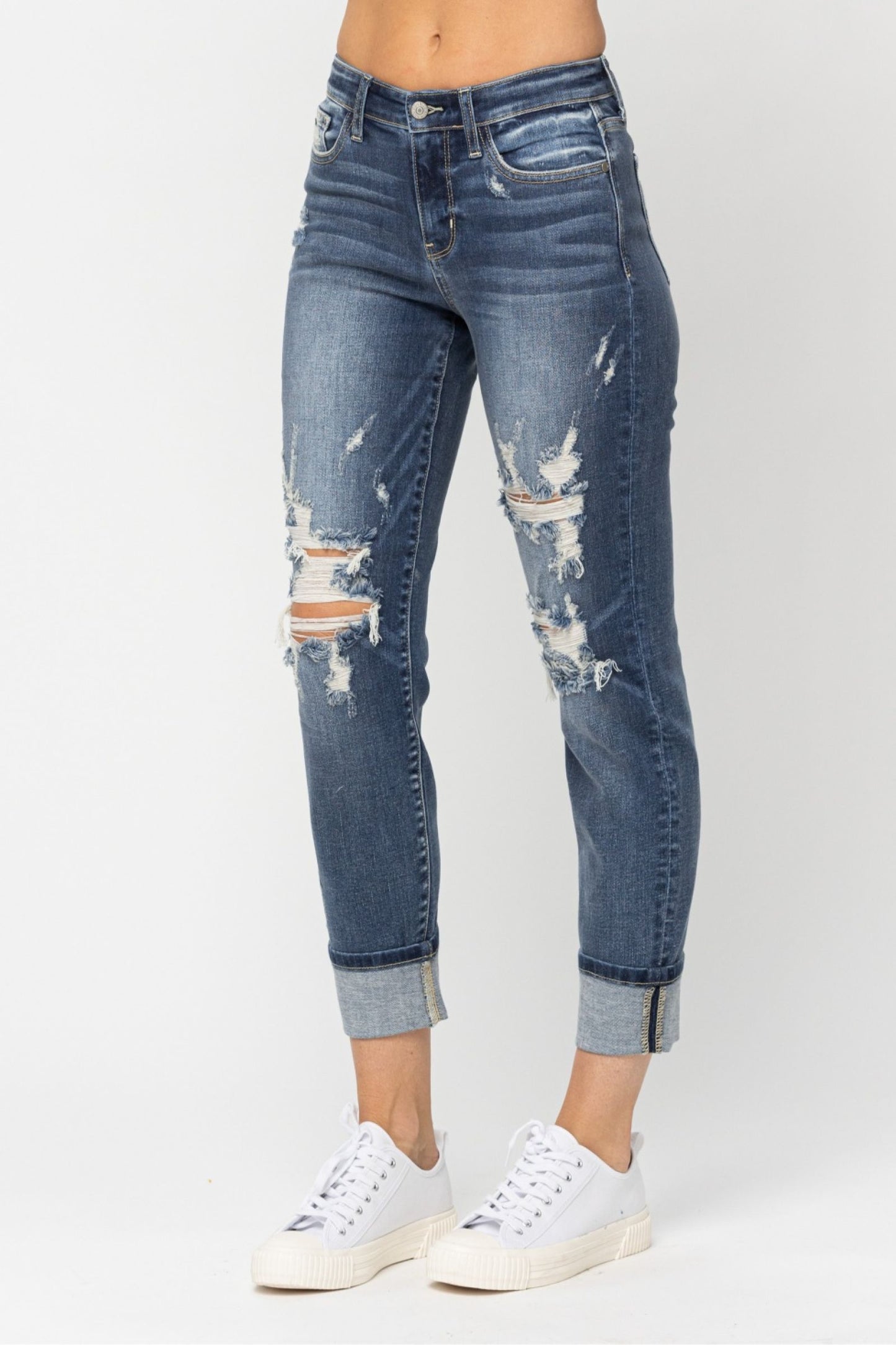 JUDY BLUE MID RISE CUFFED DESTROYED BOYFRIEND JEANS - MEDIUM STONE