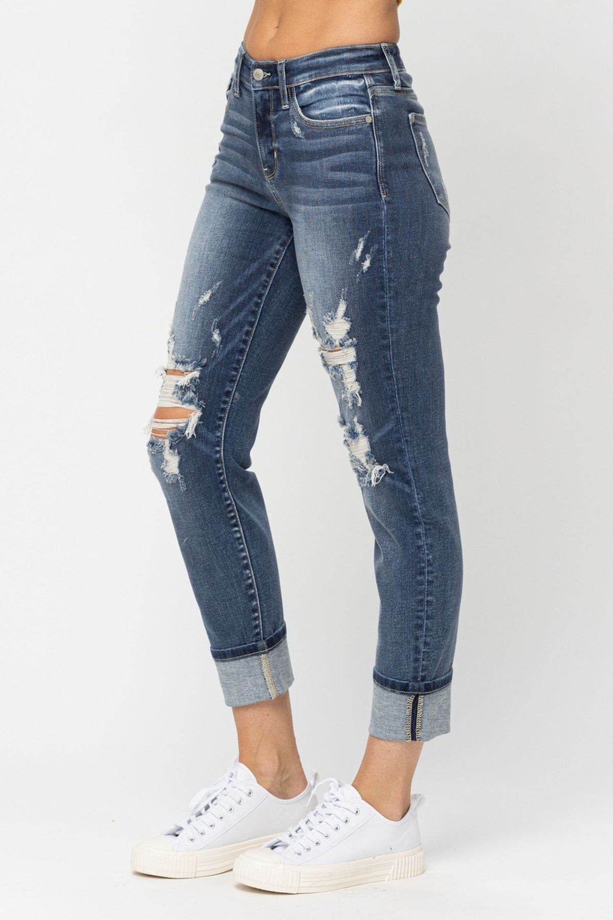 JUDY BLUE MID RISE CUFFED DESTROYED BOYFRIEND JEANS - MEDIUM STONE
