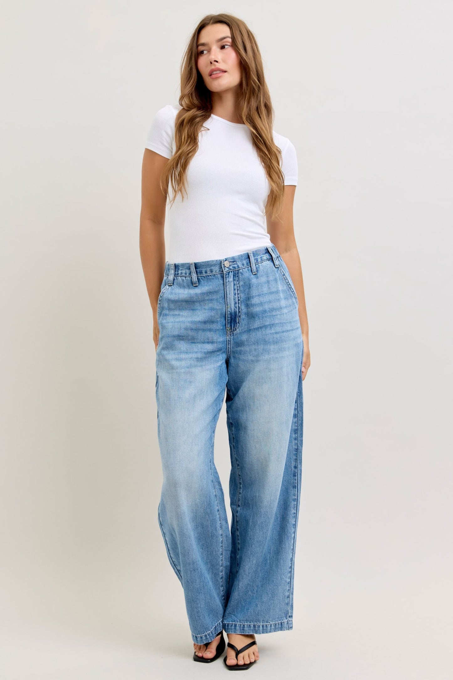 JUDY BLUE HIGH WAIST FEATHERWEIGHT BAGGY ELASTIC WAISTBAND - MEDIUM STONE