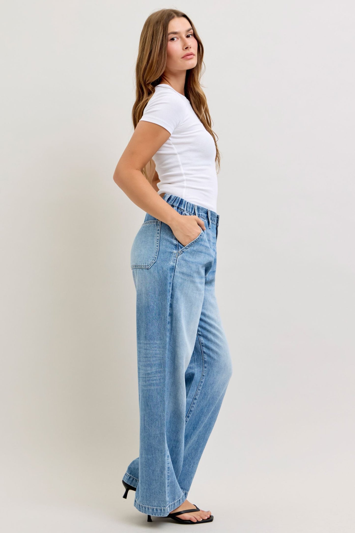 JUDY BLUE HIGH WAIST FEATHERWEIGHT BAGGY ELASTIC WAISTBAND - MEDIUM STONE