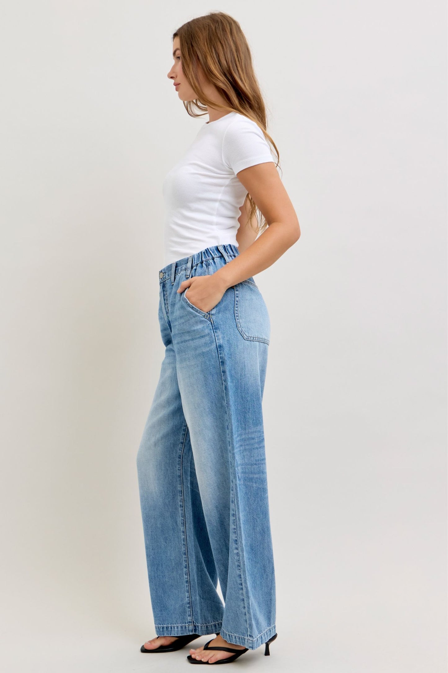 JUDY BLUE HIGH WAIST FEATHERWEIGHT BAGGY ELASTIC WAISTBAND - MEDIUM STONE