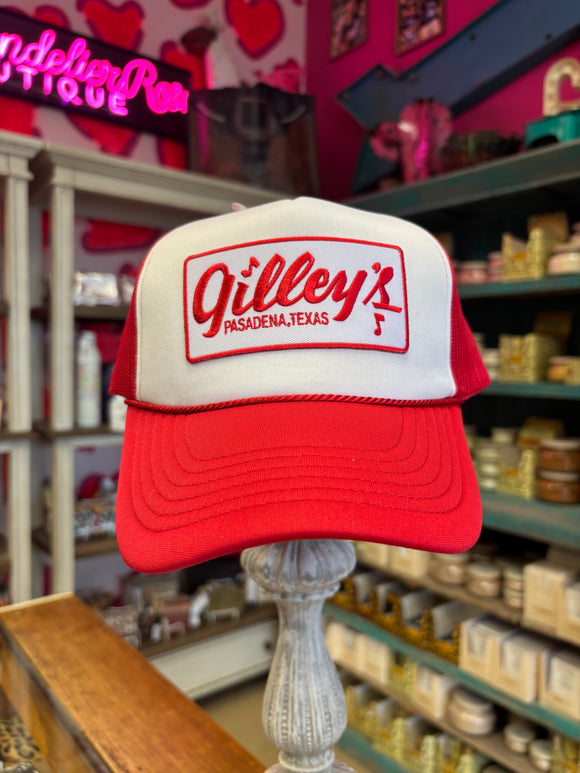 GILLEY'S RED AND WHITE TRUCKER CAP