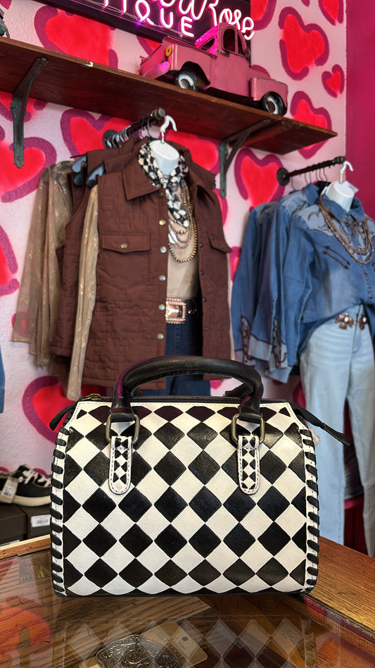CHECKERED LEATHER TOOLED SMALL TOTE CROSSBODY BAG - BLACK