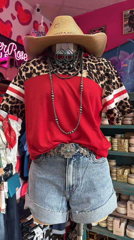 RED HALF SLEEVE LEOPARD VARSITY TOP