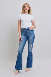 JUDY BLUE HIGH WAIST CONTRAST WASH DESTROY FLARE JEANS - DARK STONE