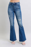 JUDY BLUE HIGH WAIST CONTRAST WASH DESTROY FLARE JEANS - DARK STONE