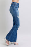 JUDY BLUE HIGH WAIST CONTRAST WASH DESTROY FLARE JEANS - DARK STONE