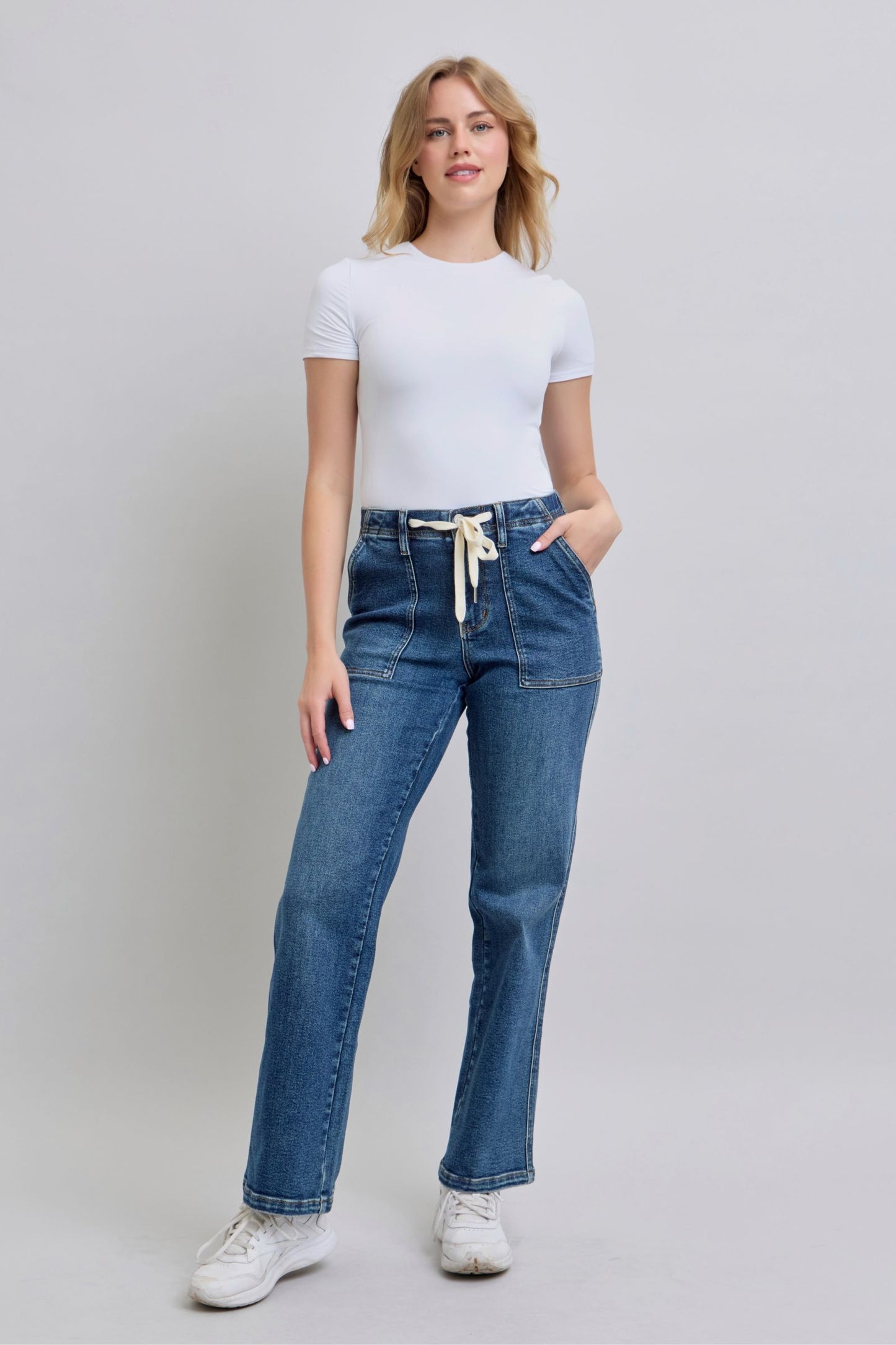 JUDY BLUE HIGH WAIST DRAWSTRING WIDE JEANS - MEDIUM STONE