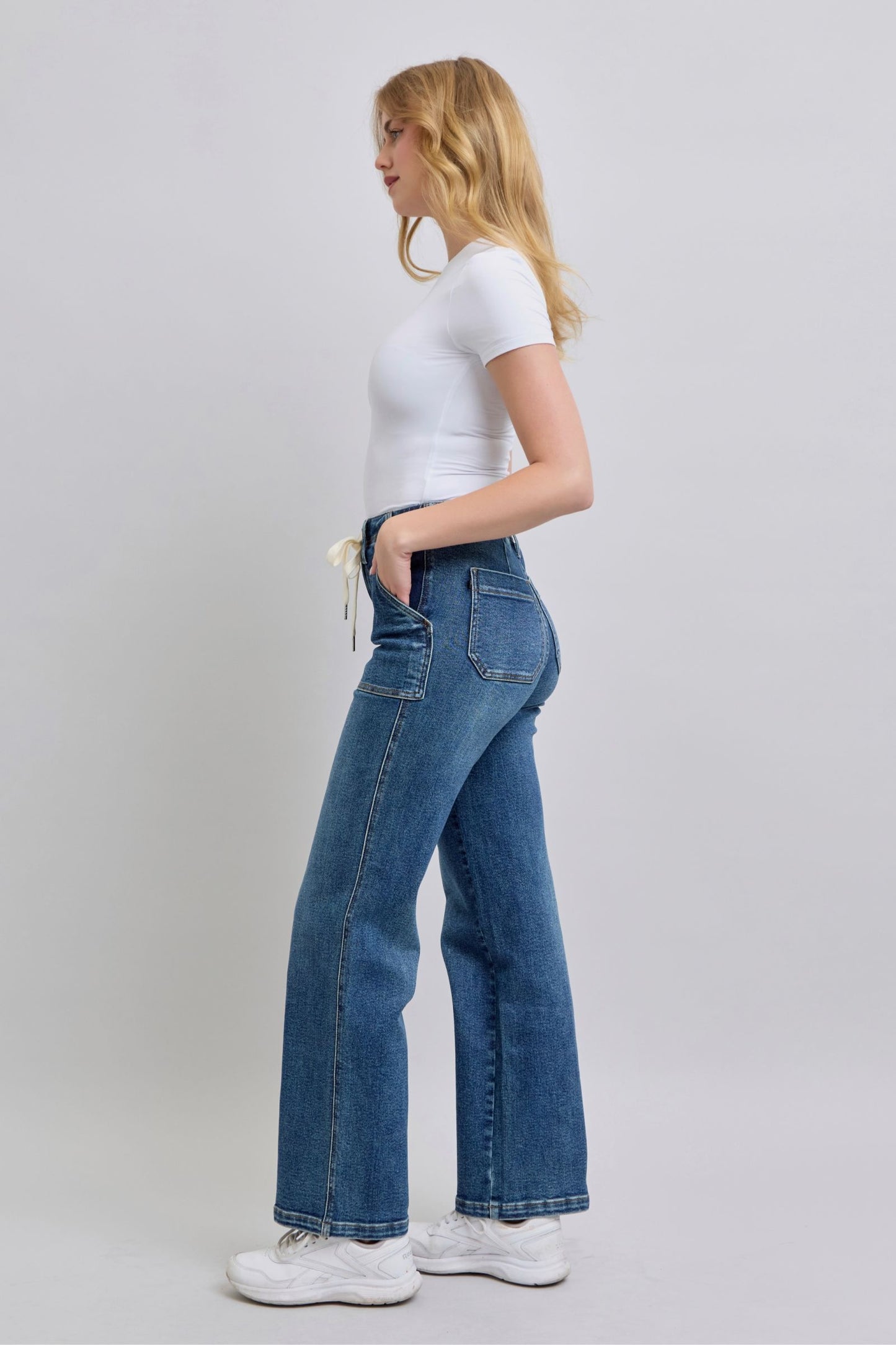 JUDY BLUE HIGH WAIST DRAWSTRING WIDE JEANS - MEDIUM STONE