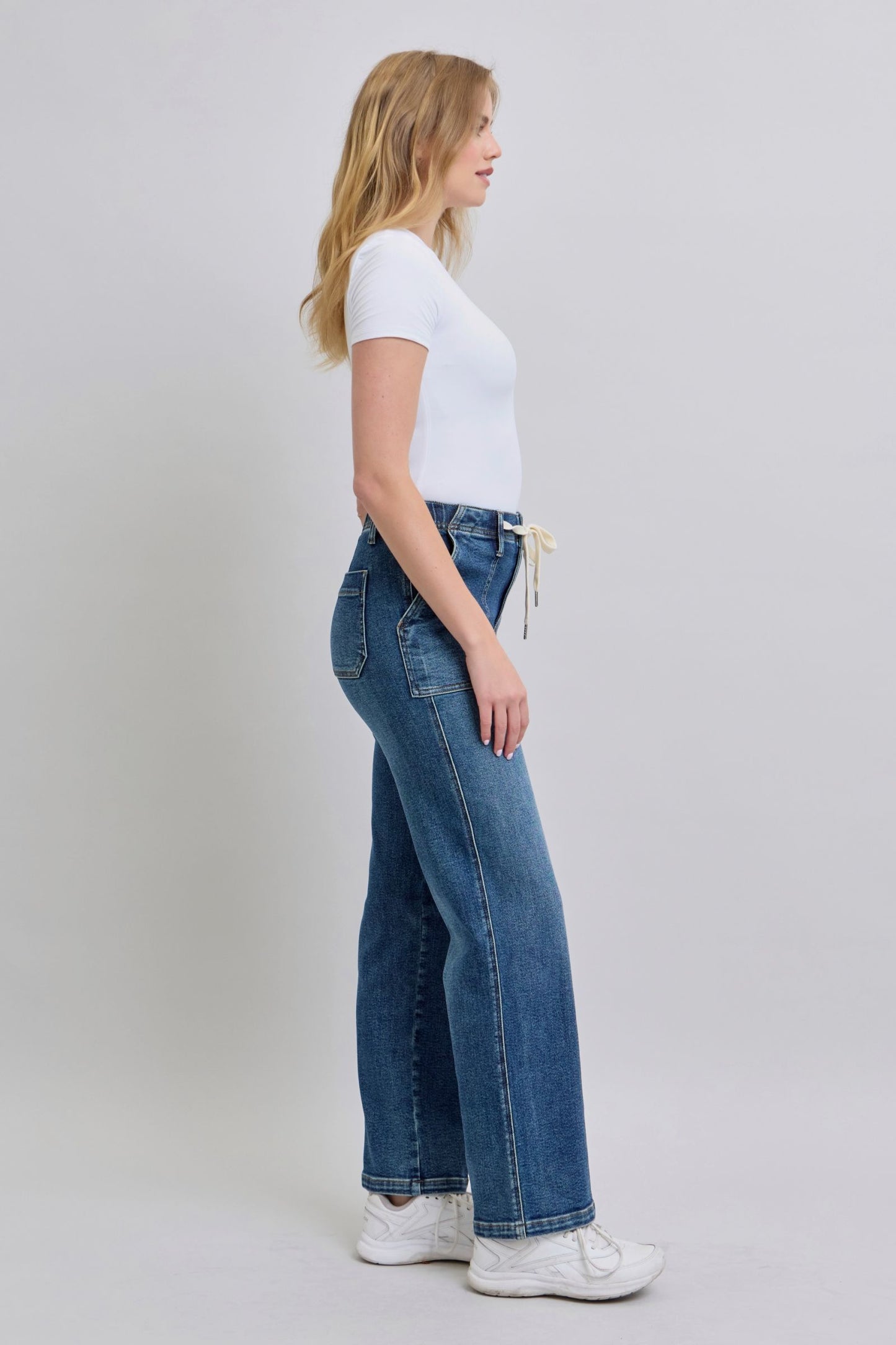 JUDY BLUE HIGH WAIST DRAWSTRING WIDE JEANS - MEDIUM STONE