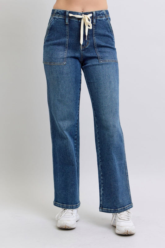 JUDY BLUE HIGH WAIST DRAWSTRING WIDE JEANS - MEDIUM STONE