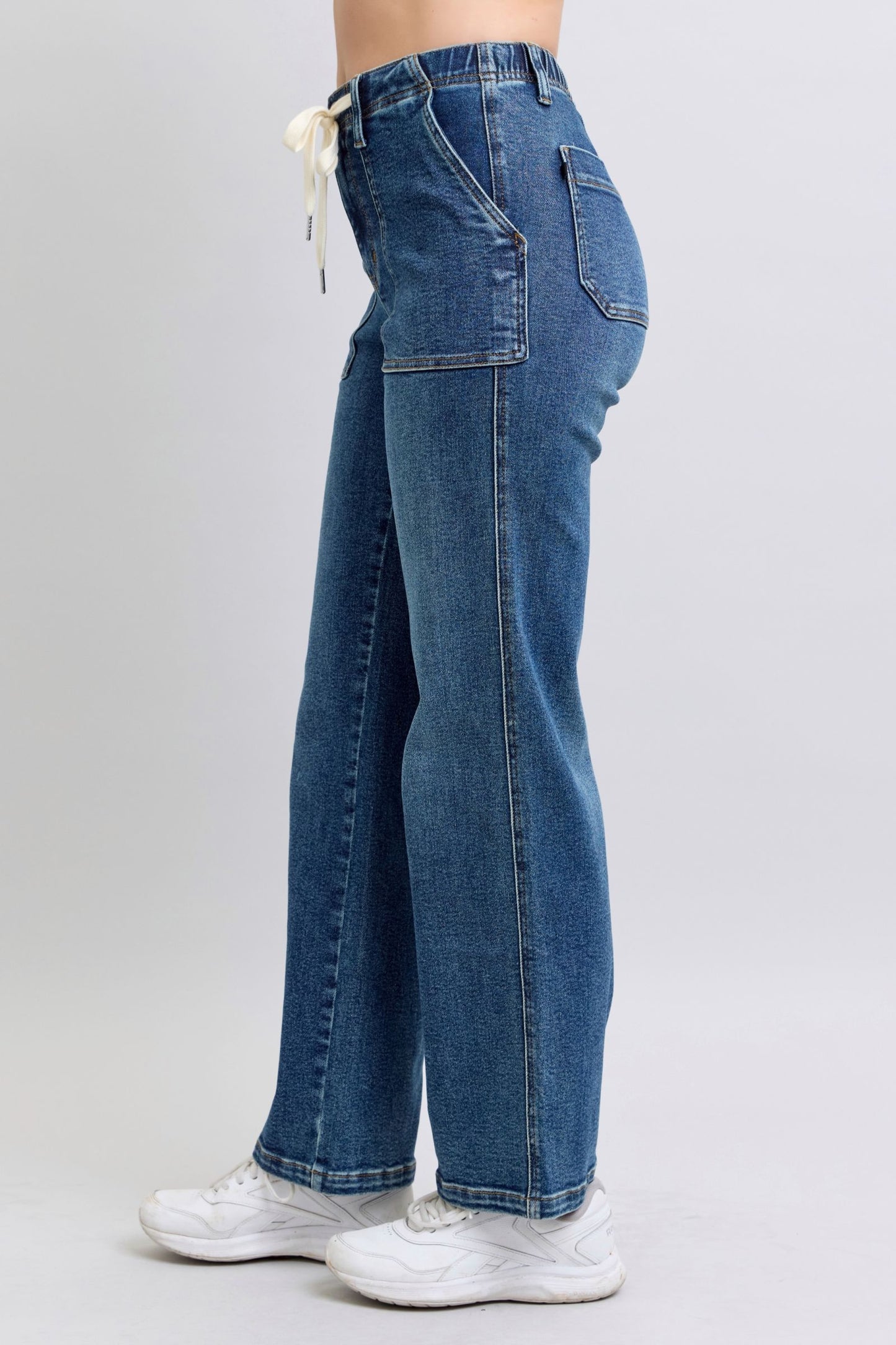 JUDY BLUE HIGH WAIST DRAWSTRING WIDE JEANS - MEDIUM STONE