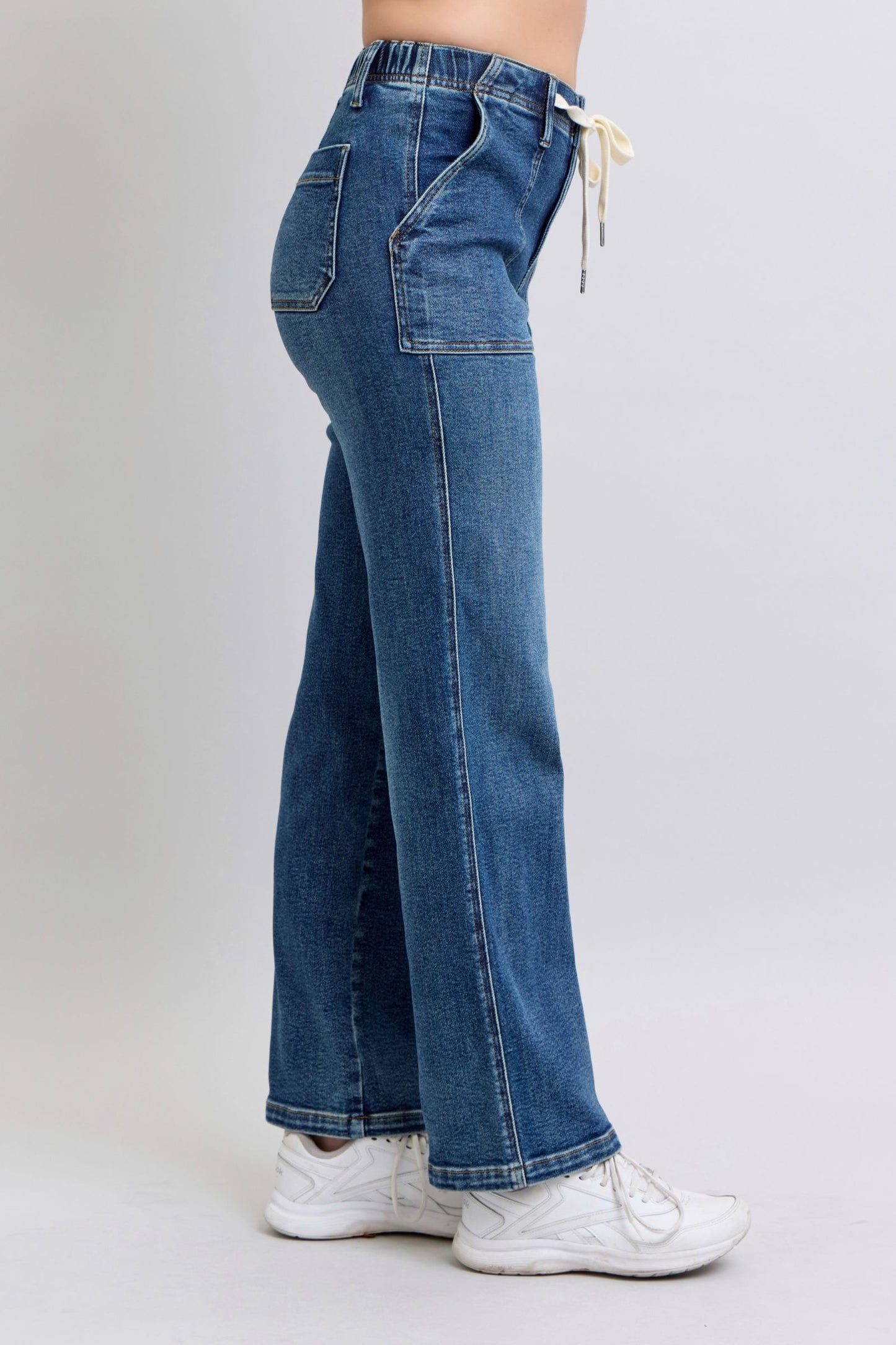 JUDY BLUE HIGH WAIST DRAWSTRING WIDE JEANS - MEDIUM STONE