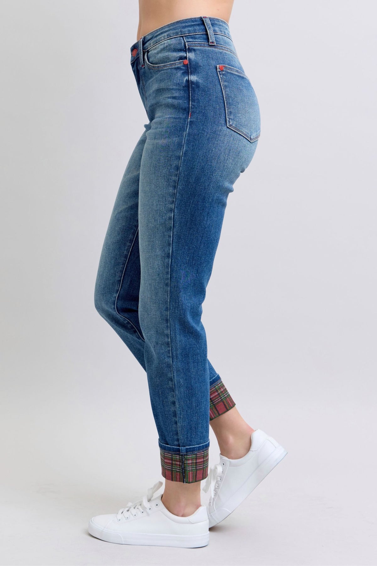 JUDY BLUE MID RISE PLAID PRINT CUFF BOYFRIEND JEAN - MEDIUM STONE