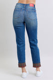 JUDY BLUE MID RISE PLAID PRINT CUFF BOYFRIEND JEAN - MEDIUM STONE