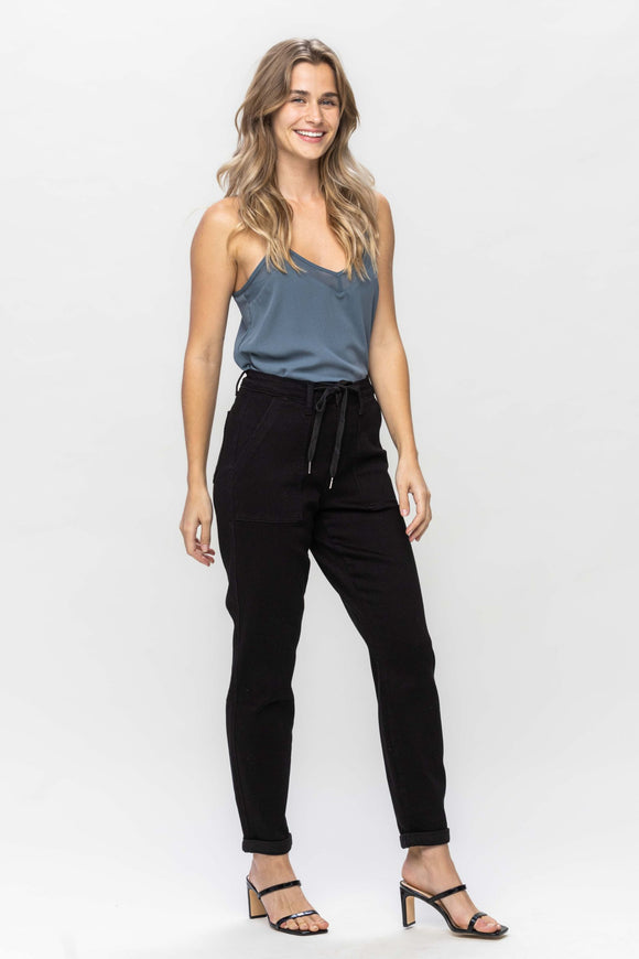 JUDY BLUE HIGH WAIST JET BLACK DOUBLE ROLL CUFF JOGGER - BLACK