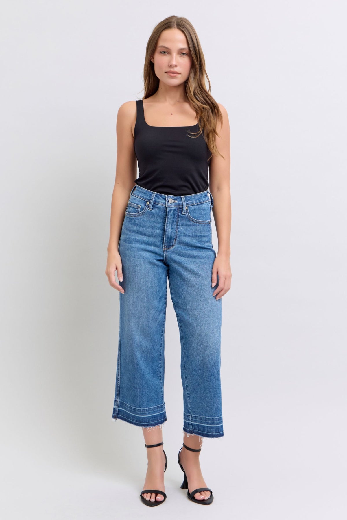 JUDY BLUE HIGH WAIST TUMMY CONTROL RELEASE HEM CROP WIDE JEAN
