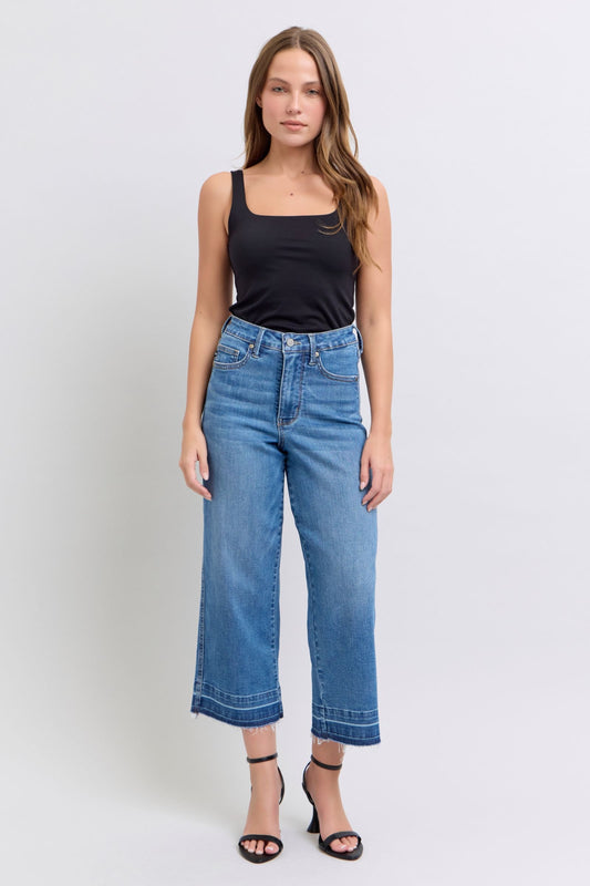 JUDY BLUE HIGH WAIST TUMMY CONTROL RELEASE HEM CROP WIDE JEAN