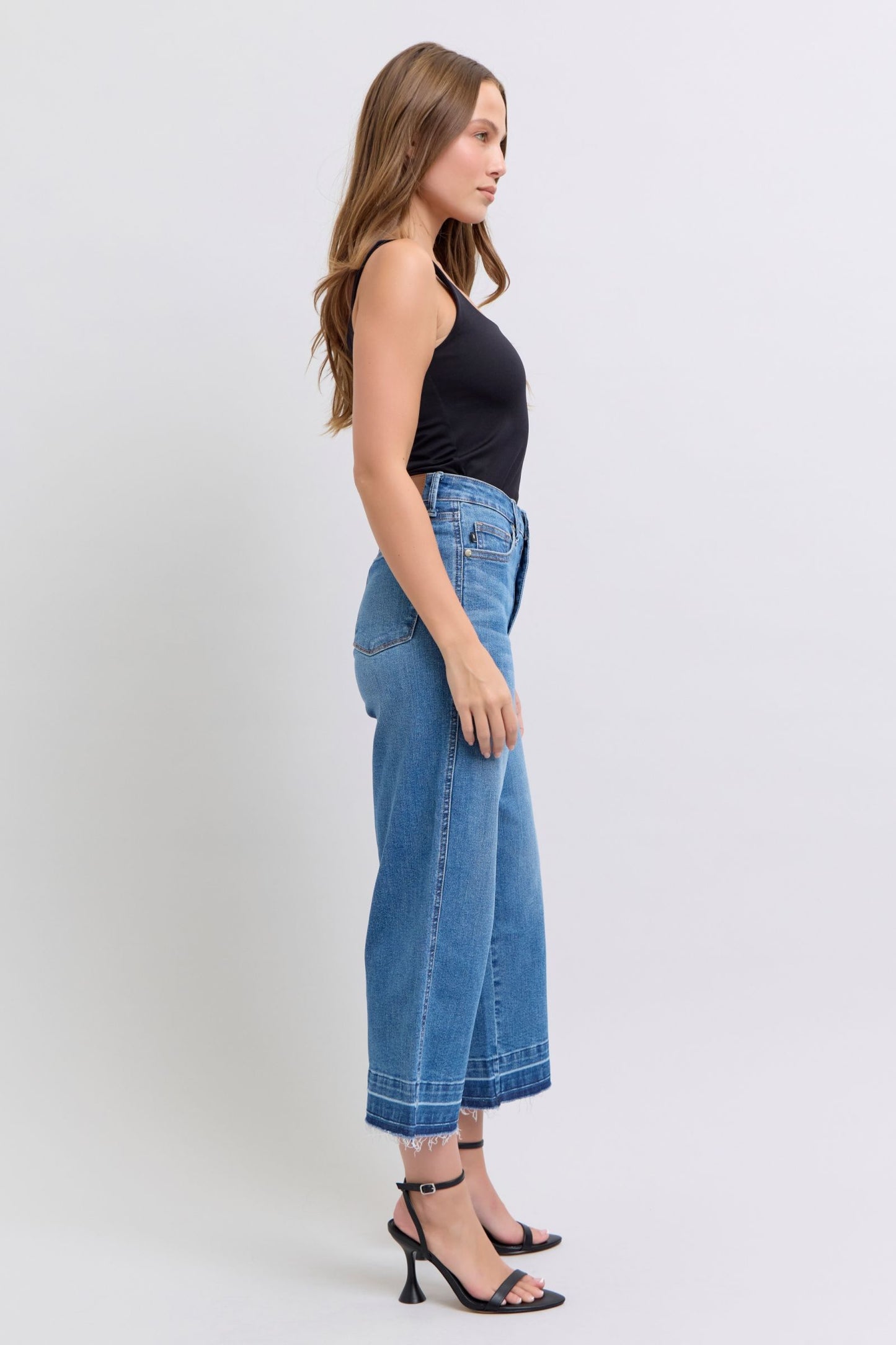 JUDY BLUE HIGH WAIST TUMMY CONTROL RELEASE HEM CROP WIDE JEAN